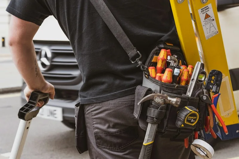 HVAC technician with a tool belt, ready for a service call