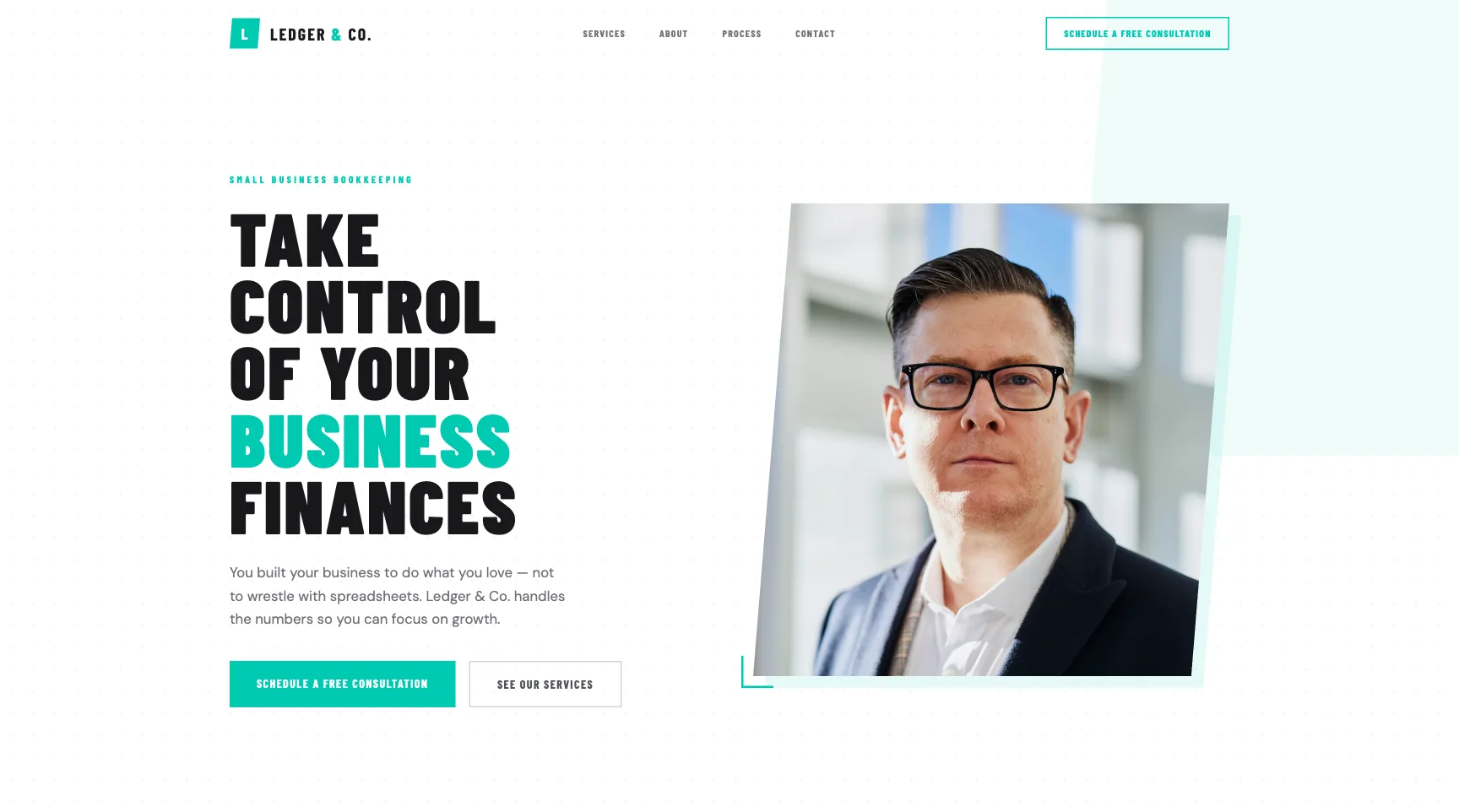 Ledger & Co. website homepage, built by Hat and Glasses Media