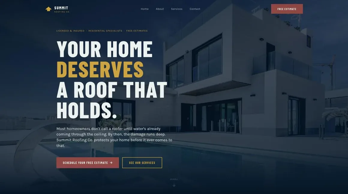 Summit Roofing Co. website homepage, built by Hat and Glasses Media